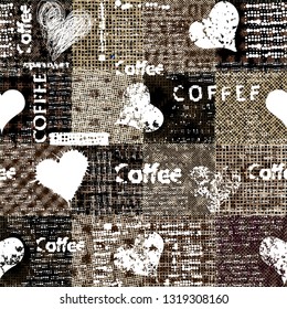 Seamless pattern. Grunge coffee pattern on a patchwork of rough canvas. Vector image.