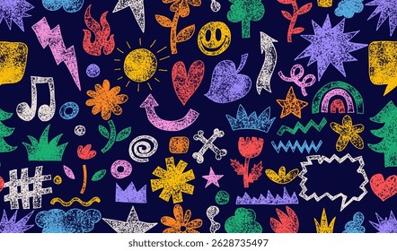 Seamless pattern grunge with crown, rainbow, arrow with crayon, pastel or chalk texture. Hand drawn cute shapes for kids design. Doodle vector charcoal shapes, squiggles in childish girly style.