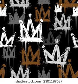 Seamless pattern of grunge crowns graffiti tags on black background. Rock n Roll and Punk Rock grunge background. Vector doodle style hand drawn Crowns backgrownd