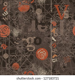 Seamless pattern with grunge elements and scripts. Vector illustration.