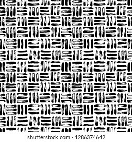 Seamless pattern with grunge grid. Mosaic ornament for wrapping paper, wallpapers, web design etc. Modern monochrome texture.