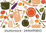 Seamless pattern with grunge hand drawn  healthy food and kitchen utensils isolated on white background. Texture on culinary theme. Cooking. Vector illustration.