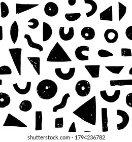 Seamless pattern with grunge hand drawn geometric shapes. Black pen paint freehand lines, squares, triangles, circles etc. Monochrome wallpaper design