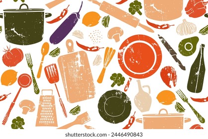 Seamless pattern with grunge hand drawn  healthy food and kitchen utensils isolated on white background. Texture on culinary theme. Cooking. Vector illustration.