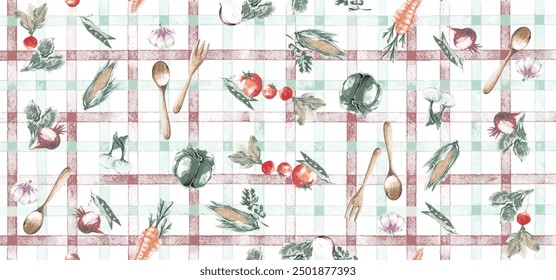 Seamless pattern with grunge hand drawn healthy food and kitchen utensils isolated on white background. Texture on culinary theme. Cooking. Vector illustration