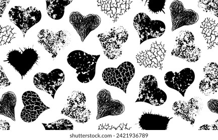 Seamless pattern of grunge hearts for wrapping paper or fabric. Vector illustration.