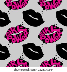 Seamless pattern with grunge lips and girl power lettering. Feminist slogan. 