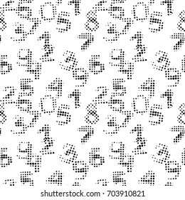  Seamless pattern with grunge numbers, real halftone paint prints on white background