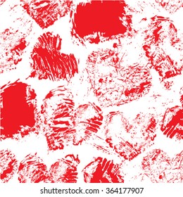 Seamless pattern with grunge red color figures - hearts. Isolated on white background. Background for love cards, wedding invitations, Valentines Day holidays design.