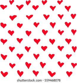 Seamless pattern with grunge red hearts on white background. Hand drawn vector illustration. Isolated