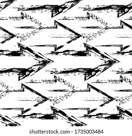 Seamless pattern of grunge right arrows. Black silhouette with scuffs and scratches. Vector texture with pointers for wallpaper, fabrics and your creativity.