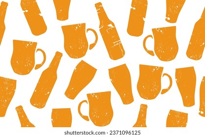 Seamless Pattern with Grunge Silhouettes of Beer Bottles and Glasses. Vector illustration.