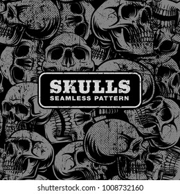 Seamless pattern with grunge skulls on dark background.