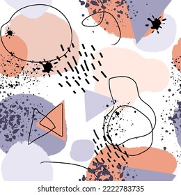 Patrón sin foco con manchas gruesas. Fondo moderno con trazos y líneas. Plantilla con dibujos a la moda para textiles, ropa, papel de envoltura. Ilustración vectorial.