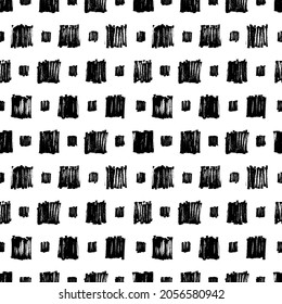 Seamless pattern with grunge squares. Repeated black bold and small squares texture. Modern stylish simple irregular texture. Hand drawn vector geometric ornament with scribbles shapes. 