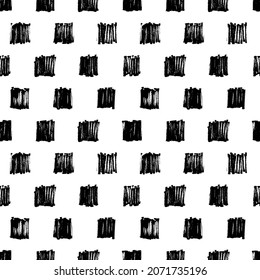 Seamless pattern with grunge squares. Repeated black bold square texture. Hand drawn vector geometric ornament with scribbles. Imitation of chessboard. Abstract minimal geometric shapes.