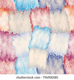 Seamless pattern with grunge stained and striped square elements in pastel colors