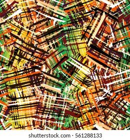Seamless pattern with grunge striped chaotic square colorful elements on vertical lined background in green and yellow colors