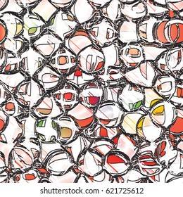 Seamless pattern with grunge striped scribble black and white circles on colorful backdrop