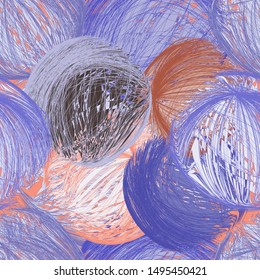 Seamless pattern with grunge striped tangle stylized clews in blue, orange, black, white colors