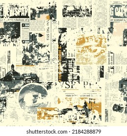 Seamless pattern in grunge style with magazine and newspaper fragments. Abstract vector background with illegible text, headlines, illustrations and human eyes. Wallpaper, wrapping paper, fabric