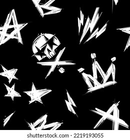 Seamless pattern with Grunge style Rock'n'Roll and Punk abstract elements. Grunge doodle style icon, star, skull and etc Rock culture elements. Printable vector template for print fabric and textile