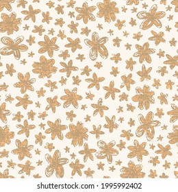 Seamless pattern in grunge style with Scribbled orange florals on half white background, used for textile, wallpaper,