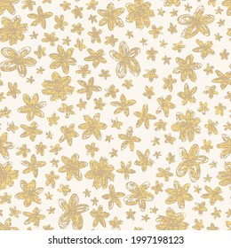 Seamless pattern in grunge style with Scribbled beige florals on half white background, used for textile, wallpaper,