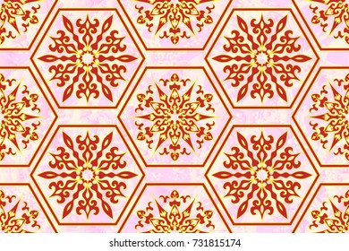 Seamless pattern for grunge style. Snowflakes. Hexagons. X-mas. New year. Pink background, gradient and random arrangement of objects