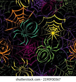 Seamless pattern in grunge style with spiders, spiderweb, paint brush strokes. Bright decoration for Halloween holiday. Dense random chaotic composition.