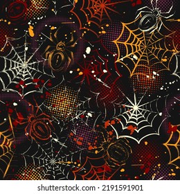 Seamless pattern in grunge style with spiders, spiderweb, paint brush strokes, blots, round halftone shapes. Bright decoration for Halloween holiday. Dense random chaotic composition.