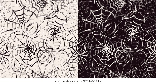 Seamless pattern in grunge style with spiders, spiderweb, paint brush strokes. Monochrome decoration for Halloween holiday. Dense random chaotic composition.