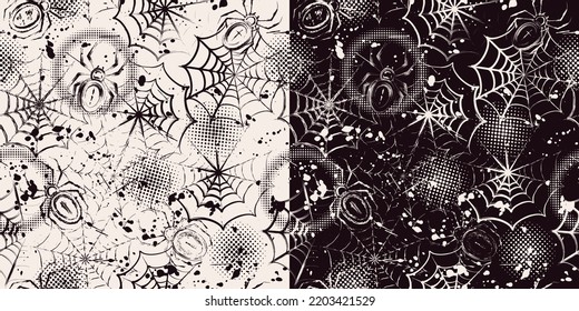 Seamless pattern in grunge style with spiders, spiderweb, paint brush strokes, blots, round halftone shapes. Monochrome decoration for Halloween holiday. Dense random chaotic composition.