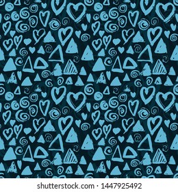 Seamless pattern with grunge styled shapes. Blue pattern with hand drawn hearts, spirals and triangles. Grunge pattern with brush painted silhouettes