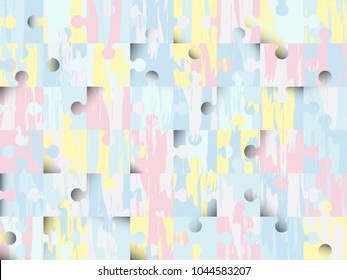 Seamless pattern, grunge texture in jigsaw shapes with shadow, pastel pink, yellow and blue tones