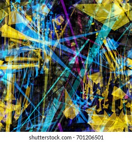 Seamless pattern. Grunge texture with triangles, stripes and scratches. Blue, yellow, black, green colors. Abstract vector background for web page, banners, fabric, home decor, wrapping