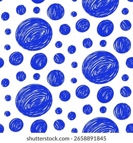 Seamless pattern with grunge textured big and small circles. Marker polka dots endless background. Blue and white grunge dot repeat cover. Round continuous ornament. Vector textured illustration.