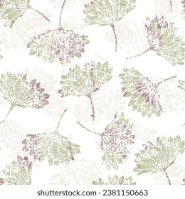 Patrón sin soldadura con crisantemas de textura gruesa, marrón claro y verde con un patrón floral medio blanco sobre fondo blanco texturado de color beige
