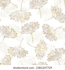 Seamless pattern with grunge textured Chrysanthemums, light pastel yellow with half white floral pattern on beige textured white background
