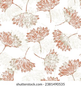 Seamless pattern with grunge textured Chrysanthemums, light red with half white floral pattern on beige textured white background
