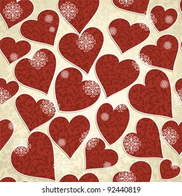 Seamless Pattern With Grunge Textured Hearts On Background Stylized Like Textile With Snowflakes