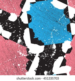 Seamless pattern with grunge textures on the pink and blue squares with holes on a black background