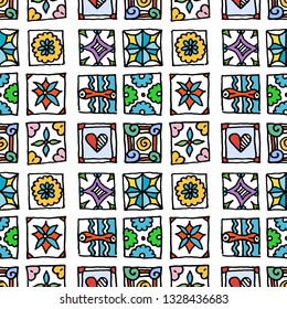 Seamless pattern of grunge tiles. Vintage Islam, Arabic, Indian, ottoman decorative design elements. Patchwork handdrawn motifs. Vector collection