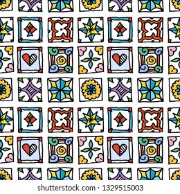 Seamless pattern of grunge tiles. Vintage Islam, Arabic, Indian, ottoman decorative design elements. Patchwork handdrawn motifs. Vector collection