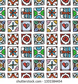 Seamless pattern of grunge tiles. Vintage Islam, Arabic, Indian, ottoman decorative design elements. Patchwork handdrawn motifs. Vector collection