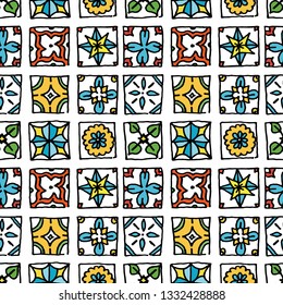 Seamless pattern of grunge tiles. Vintage Islam, Arabic, Indian, ottoman decorative design elements. Patchwork handdrawn motifs. Vector collection