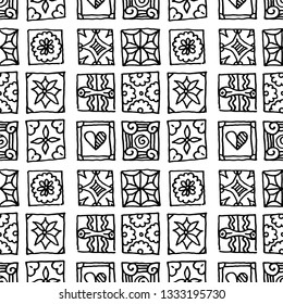 Seamless pattern of grunge tiles. Vintage Islam, Arabic, Indian, ottoman decorative design elements. Patchwork handdrawn motifs. Vector collection