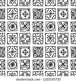 Seamless pattern of grunge tiles. Vintage Islam, Arabic, Indian, ottoman decorative design elements. Patchwork handdrawn motifs. Vector collection