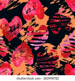 Seamless pattern with grunge watercolor hearts. Hearts and splatters romantic background.