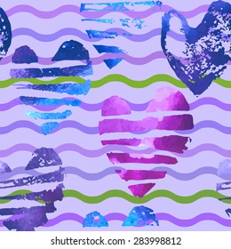 Seamless pattern with grunge watercolor hearts. Hearts and ornaments romantic background.